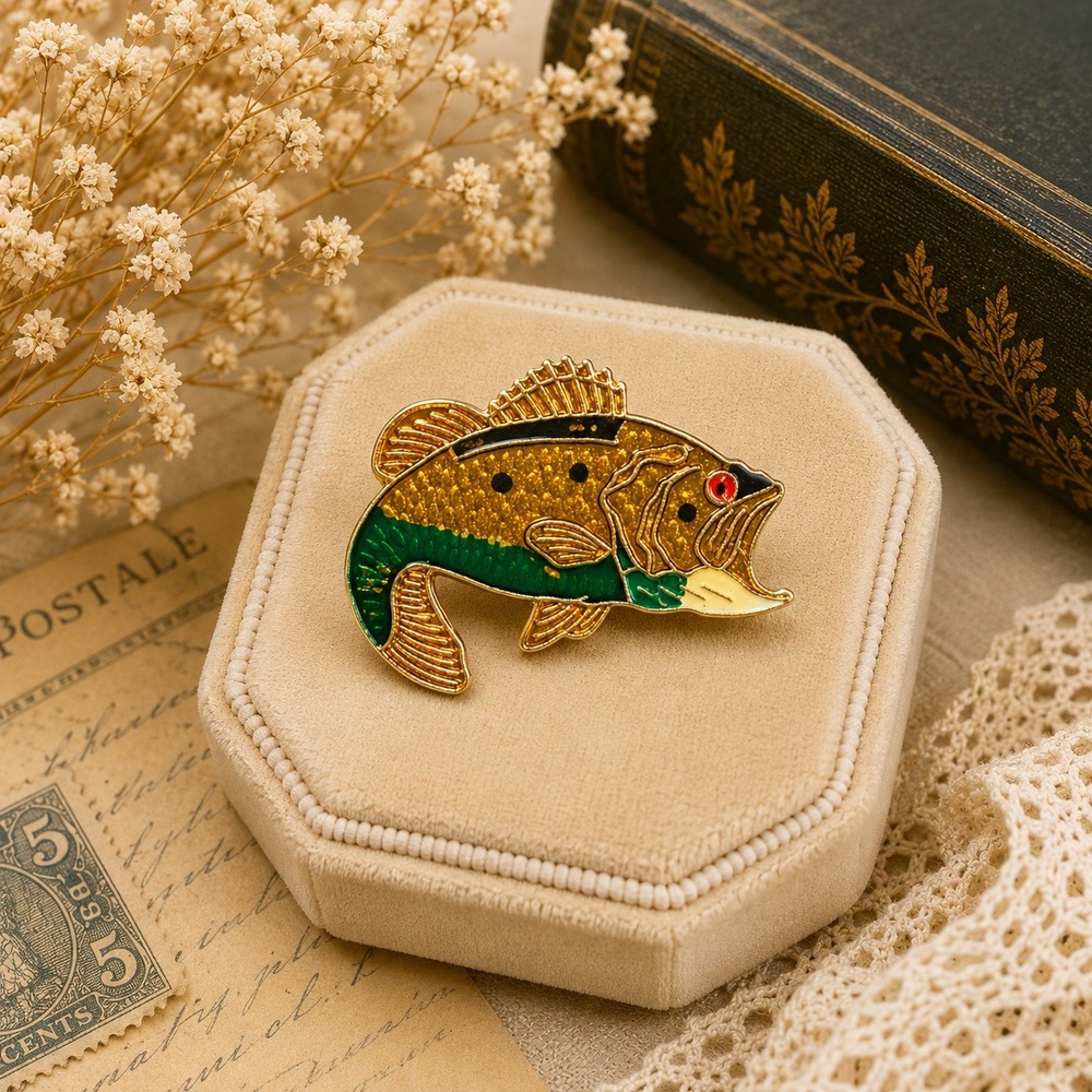 Vintage Style Enamel Largemouth Bass Fishing Lapel Pin Gold Tone Green Pendant